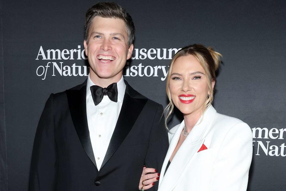 <p>Mike Coppola/Getty </p> Colin Jost and Scarlett Johansson at the American Museum of Natural History