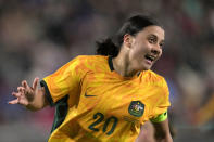 FILE - Australia's Sam Kerr celebrates after scoring against England during the women's international friendly soccer match between England and Australia at the Gtech Community Stadium in London, England, Tuesday, April 11, 2023. (AP Photo/Kin Cheung, File)