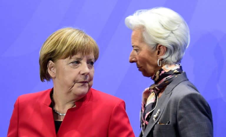 "Debt will have to be restructured appropriately," the International Monetary Fund's managing director told German television channel ARD after meeting Chancellor Angela Merkel in Berlin, seen together in 2016