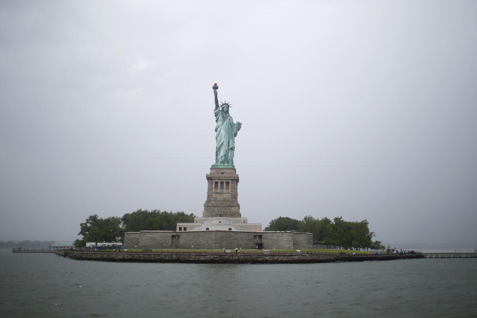 The Statue of Liberty is seen Thursday, July 1, 2021, in New York. Work has begun on giving some of America’s most spectacular natural settings and historic icons a makeover. The Great American Outdoor Act was passed by Congress last year and dedicated up to $1.6 billion a year for the next five years to extensive maintenance and repairs that have been put off year after year. (AP Photo/Adam Hunger)