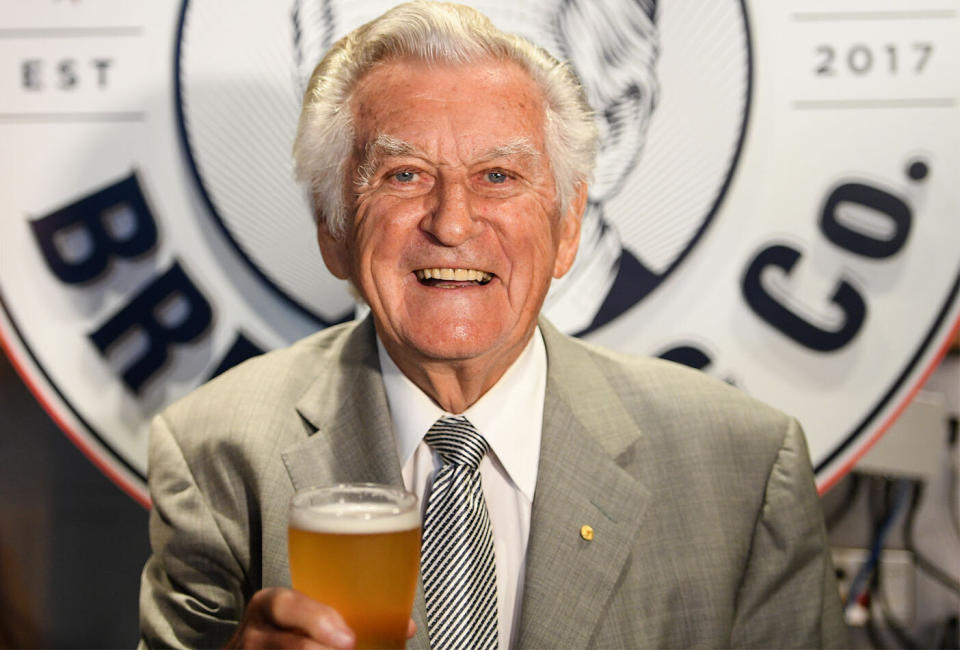 Bob Hawke pictured at the launch of Hawke's lager beer.  Source: Getty