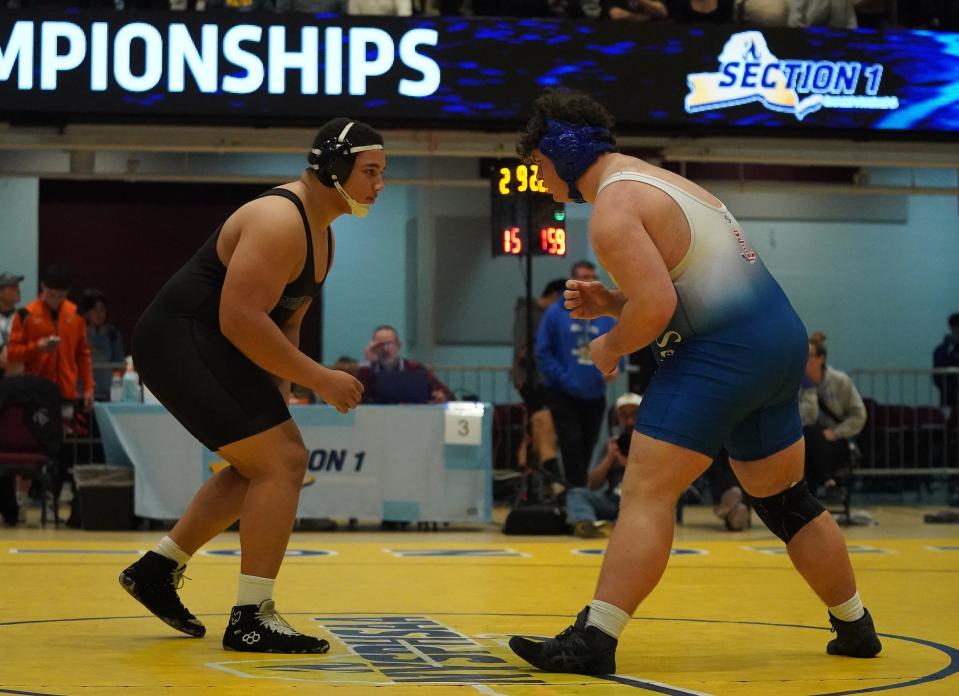 Hen Hud's Mason Deitz wrestles Putnam Valley's Jaden Tesher in the 285-pound championship match at the Section 1, Division II wrestling championships at Westchester County Center on Saturday, Feb. 10, 2024.