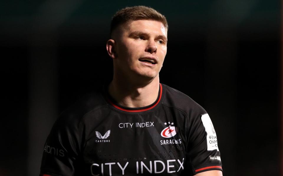 Saracens' Owen Farrell watches the Investec Champions Cup match between Saracens and Lyon at StoneX Stadium on January 20, 2024 in Barnet, England