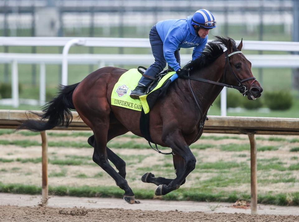 Kentucky Derby contender Confidence Game with exercise rider Alex Cano worked five furlongs in :59 for trainer Keith Desormeaux Saturday, April 29, 2023, the week before the Derby at Churchill Downs in Louisville, Ky.