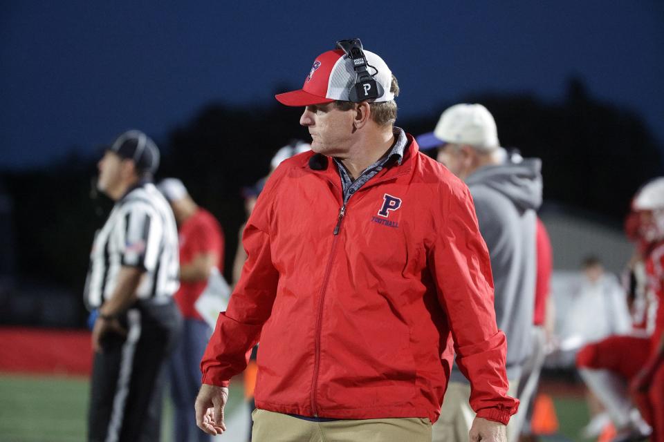 Portsmouth coach Dustin Almeida, shown during the game on Sept. 16 against Westerly, had to deal with a host of injured players on Friday night at South Kingstown.