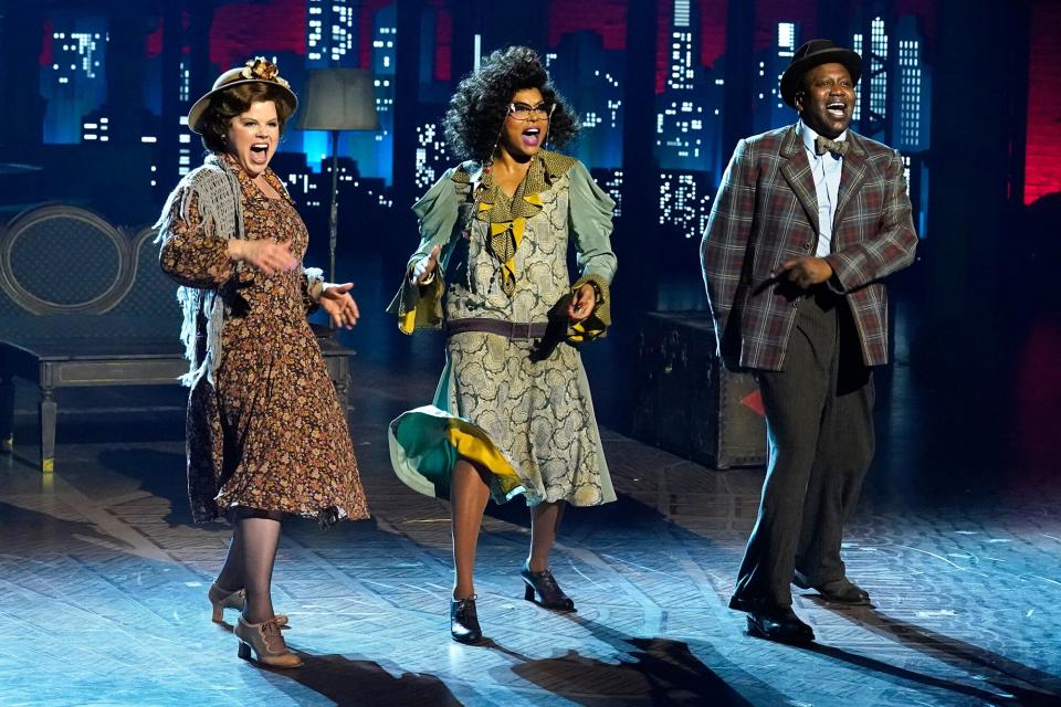 ANNIE LIVE! -- Pictured: (l-r) Megan Hilty as Lily St. Regis, Taraji P. Henson as Miss Hannigan, Titus Burgess as Rooster Hannigan -- (Photo by: Virginia Sherwood/NBC)