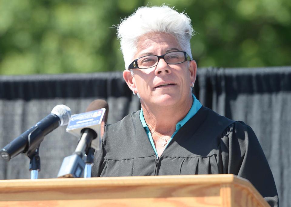 Superintendent Elizabeth Legault addresses the gathering during graduation exercises for East Bridgewater Jr./Sr. High School, on Sunday, June 6, 2021.