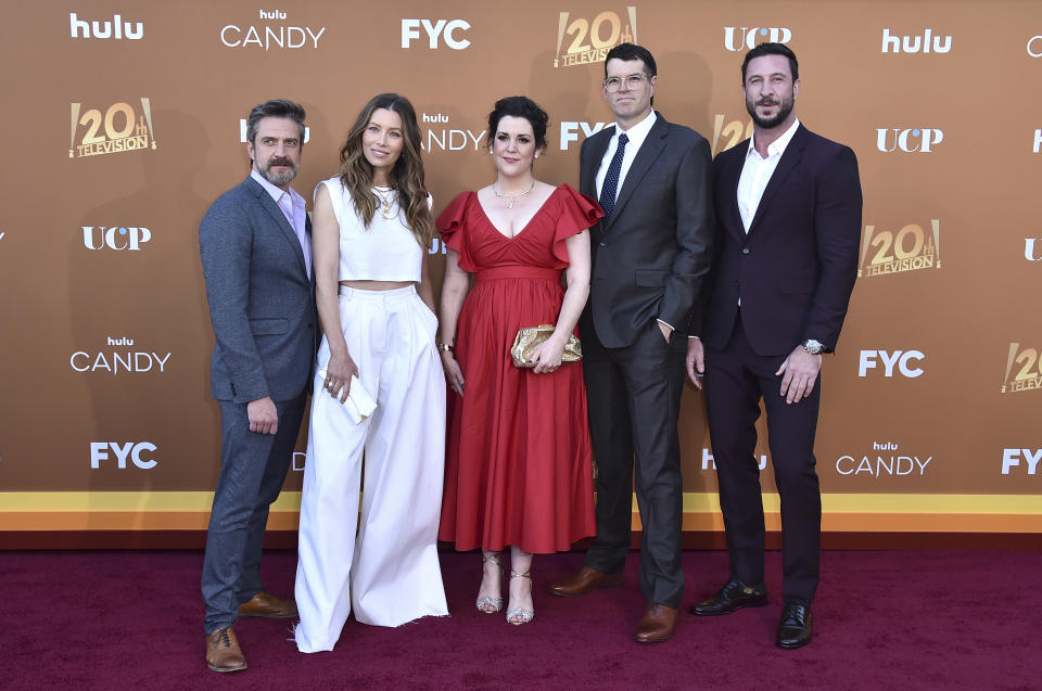 From left, cast members Raul Esparza, Jessica Biel, Melanie Lynskey, Timothy Simons and Pablo Schreiber arrive at the Los Angeles premiere of "Candy," on Monday, May 9, 2022, at El Capitan Theatre. (Photo by Jordan Strauss/Invision/AP)