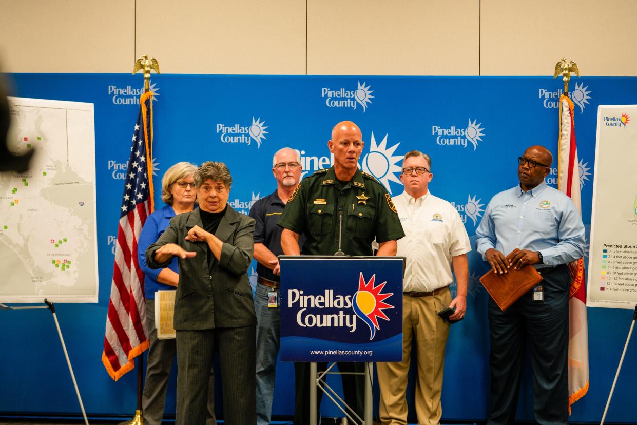 Pinellas Sheriff Bob Gualtieri details the plans for a possible evacuation order during a press conference regarding Hurricane Ian at the Pinellas County Emergency Operations Center, Monday, Sept. 26, 2022 in Largo, Fla. 