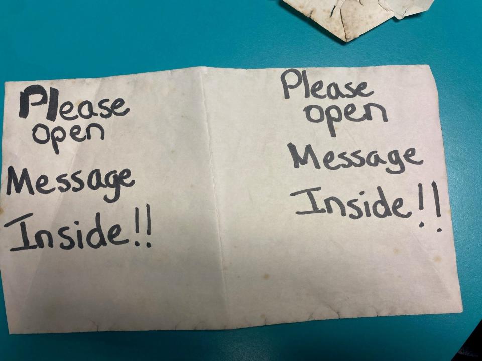 Ben Lyons message in a bottle from 1997 reads "Please open Message Inside!!"