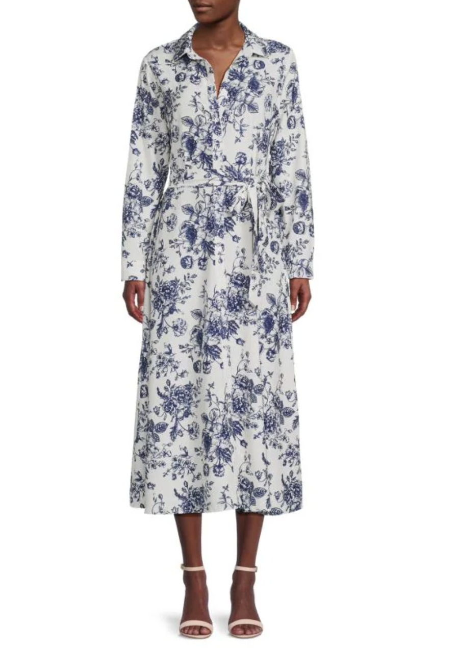 white and blue belted YAL New York Long Sleeve Floral Maxi Dress (Photo via Saks Off Fifth)