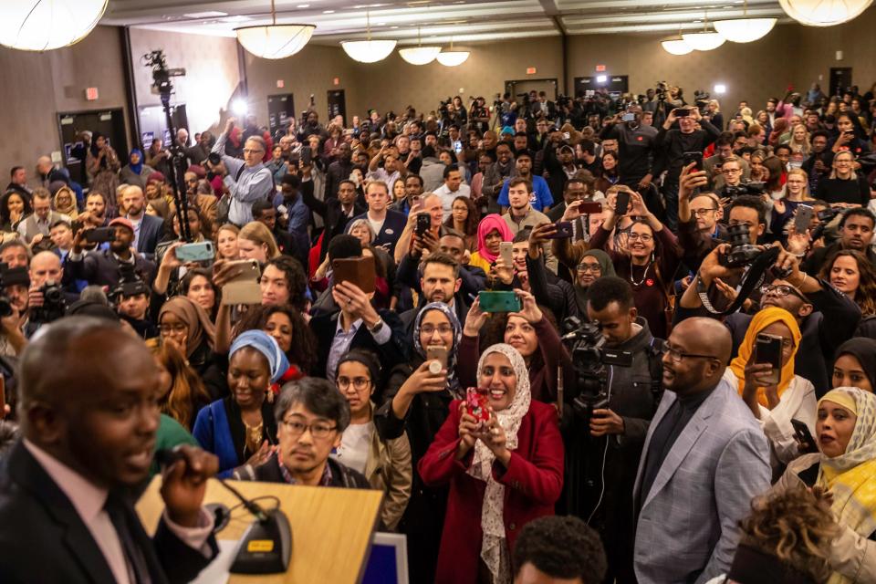 Supporters wait eagerly for the arrival of Ilhan Omar, newly elected to the U.S. House of Representatives,&nbsp;during her election night victory party. (Photo: KEREM YUCEL via Getty Images)