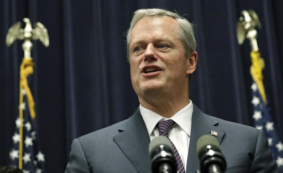 FILE - In this Thursday, July 27, 2017 file photo, Mass. Gov. Charlie Baker addresses a gathering at the Statehouse in Boston. Baker defeated Scott Lively in the Sept. 4, 2018, Republican primary and will face Democrat Jay Gonzalez in the November general election. (AP Photo/Charles Krupa, File)