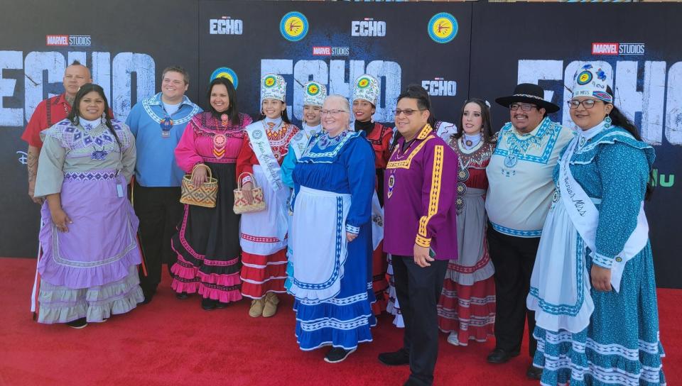 Members of the Choctaw Nation of Oklahoma pose for a photo at a red carpet event for the hotly anticipated Marvel Studios series "Echo" Friday, Nov. 3, 2023, at the Choctaw Cultural Center in Calera, Oklahoma. The main character in "Echo" is Choctaw, and the show's creative team worked closely with the Choctaw Nation on the streaming series, which debuted Jan. 9 on Disney+ and Hulu.