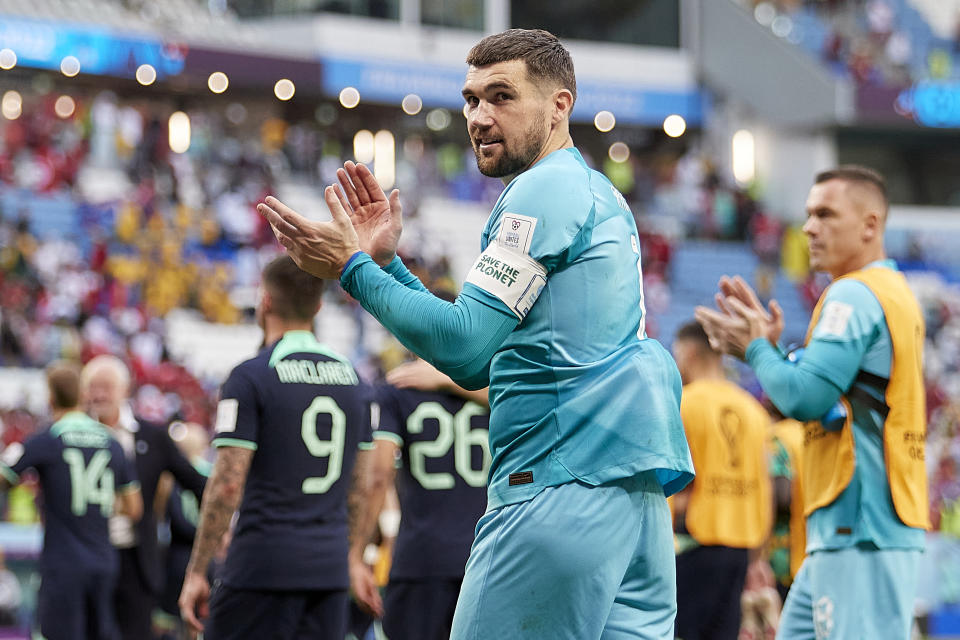 Socceroos captain Mat Ryan, pictured here thanking fans after Australia's win over Tunisia at the World Cup.