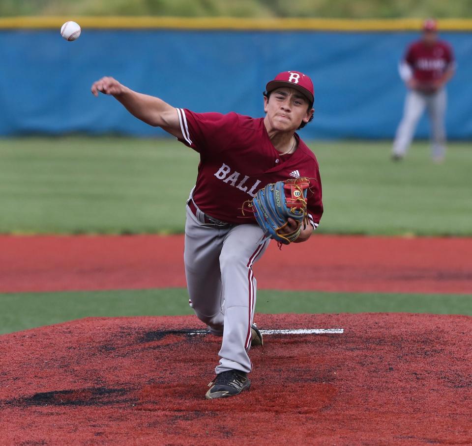 Ballard’s Sam Bevin (7) delivers a pitch against Eastern during the district semifinal at the Kentucky Country Day field in Louisville, Ky. on May 18, 2022.  Ballard cruised to a 12-1 victory.