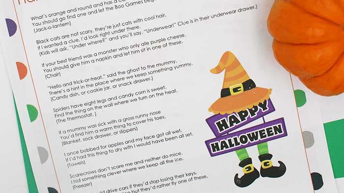 printouts of halloween scavenger hunt instructions and clues