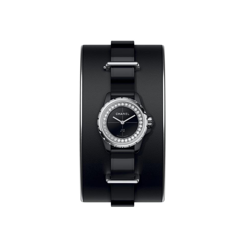 J12·XS Watch - Small Black Leather Cuff, Black Highly Resistant Ceramic and Steel, Brilliant-Cut Diamond Flange