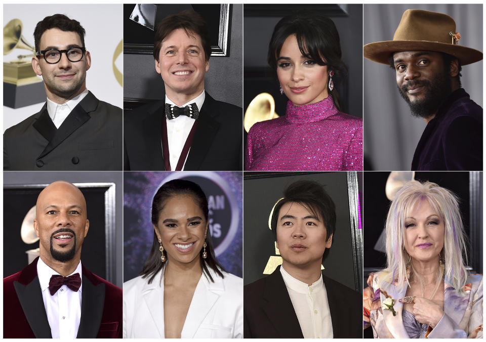 This combination of photos shows, top row from left, Jack Antonoff, Joshua Bell, Camila Cabello, Gary Clark Jr., bottom row from left, Common, ballerina Misty Copeland, Lang Land and Cyndi Lauper who will perform "I Sing The Body Electric" along with John Legend and War and Treaty at the Grammy Awards on Sunday. (AP Photo)