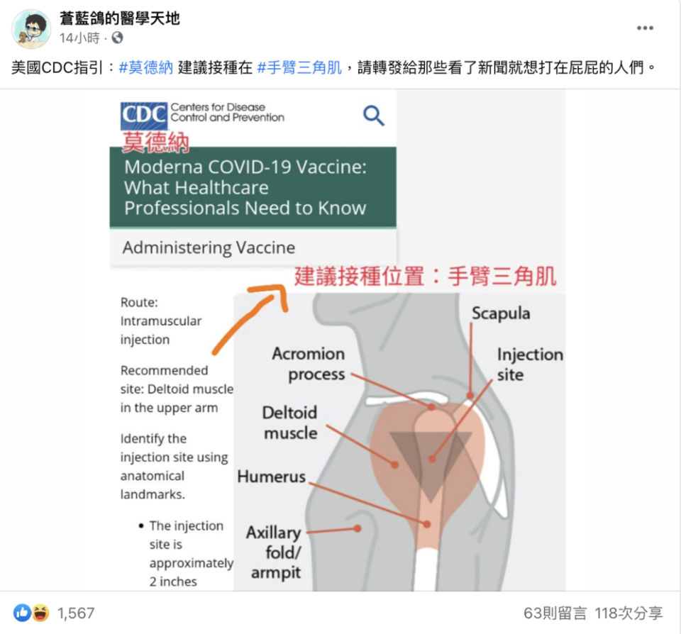 醫師蒼藍鴿貼出美國CDC指引，呼籲莫德納疫苗應施打在「手臂三角肌」。