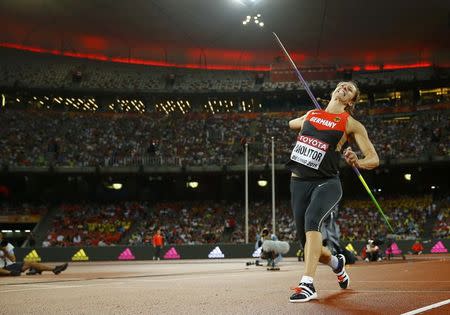 Kathrina Molitor of Germany competes in the women's javelin throw final during the 15th IAAF World Championships at the National Stadium in Beijing, China, August 30, 2015. REUTERS/Kai Pfaffenbach