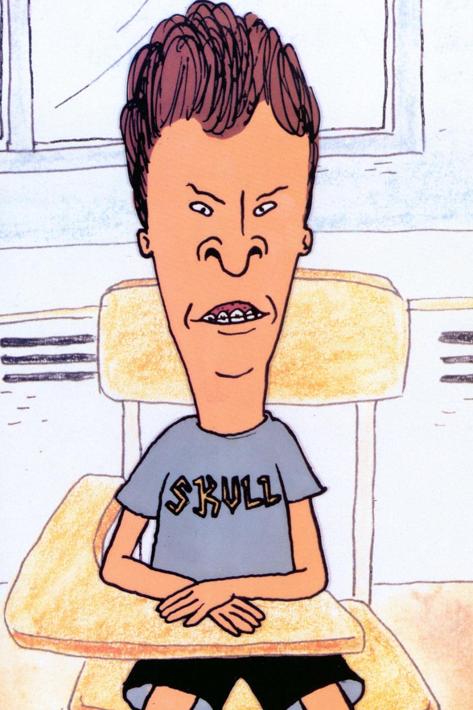 Beavis and Butt-Head scowling in a classroom, Beavis in a Skull T-shirt, Butt-Head in a Death Rock T-shirt