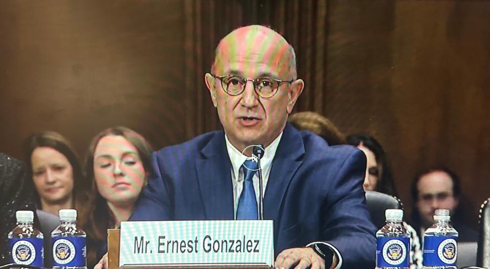 U.S. Department of Justice Senior Attorney Advisor Ernesto Gonzalez speaks before the U.S. Senate Committee on the Judiciary Wednesday, Jan. 24, 2024, at a hearing in Washington, D.C. regarding his nomination for U.S. District Court Judge for the Western District of Texas.