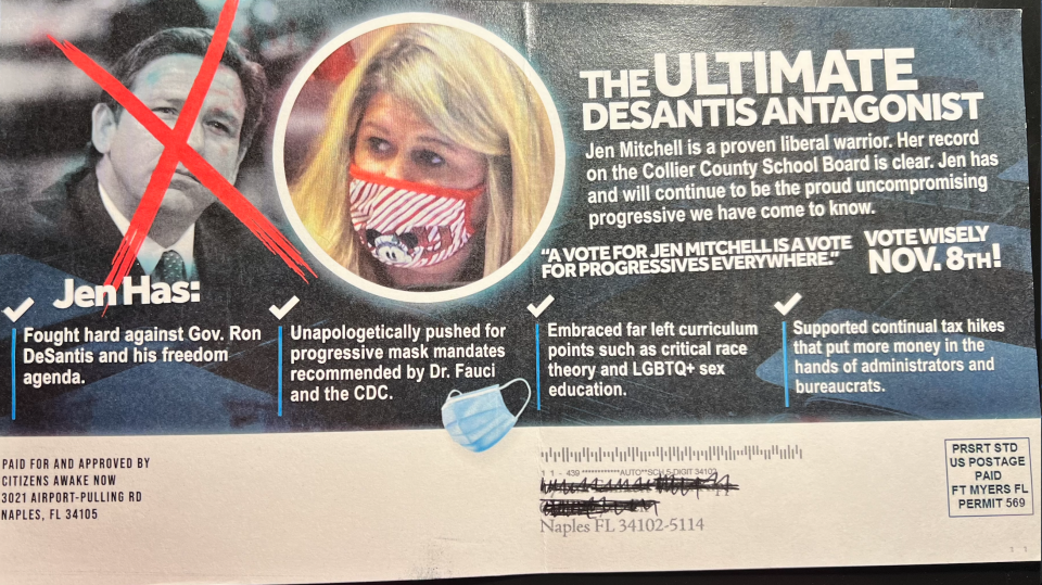 The rear of the mailer calls Mitchell "The ultimate DeSantis antagonist" and a "liberal warrior." It was paid for by Alfie Oakes' PAC, Citizens Awake Now.