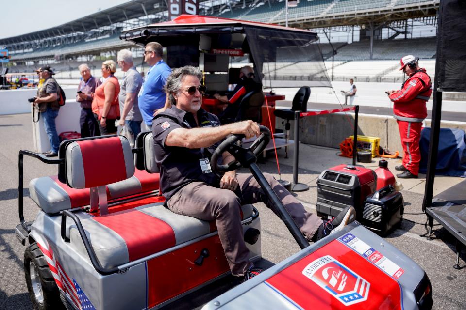 Michael Andretti moves down pit lane Friday, May 19, 2023, during Fast Friday ahead of the 107th running of the Indianapolis 500 at Indianapolis Motor Speedway. 