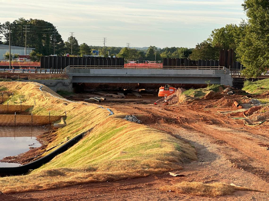 The new bridge on Hillsborough Street, near the N.C. State Fairgrounds, passes over bare earth. The area under the bridge will be excavated so Blue Ridge Road can pass under Hillsborough Street, Beryl Road and the railroad tracks that run alongside them. Photo taken Sept. 2, 2023.