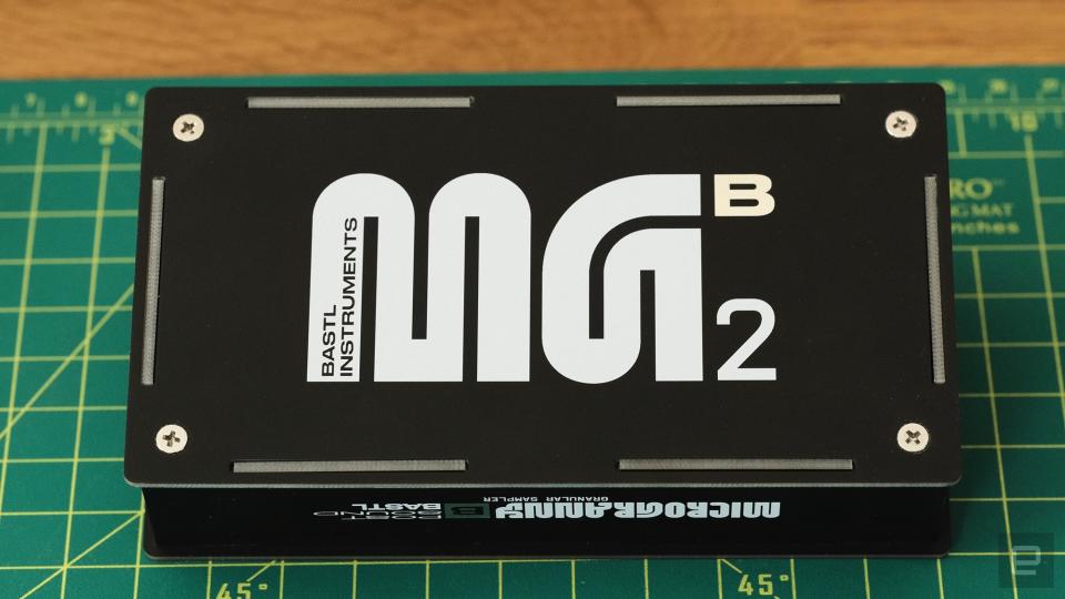 Large MG branding on the underside of the Bastl Instruments Microgranny Monolith.
