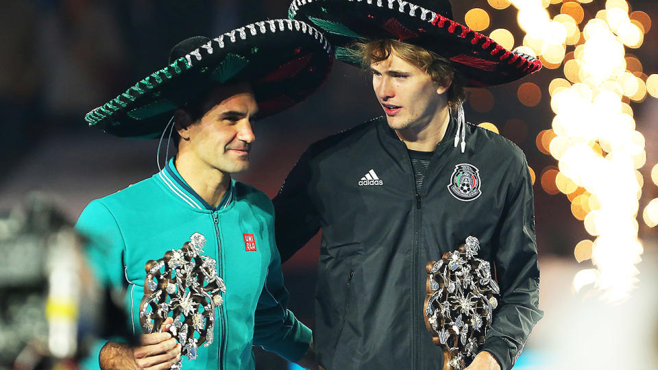 Roger Federer and Alexander Zverev, pictured here during 'The Greatest Match' in Mexico City. (Photo by Angel Castillo/Jam Media/Getty Images)