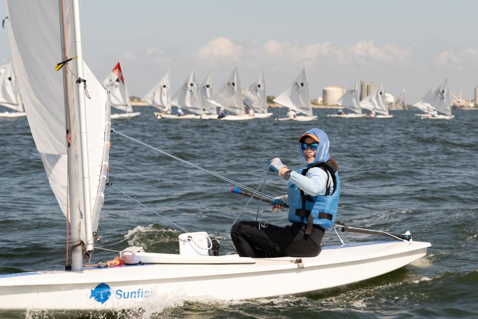 Kellee Johnson competes in the 2024 International Sunfish Masters, a World Qualifier event held at Davis Island Yacht Club in March. Johnson is a member of the Luffing Lassies, the female sailing club that has headquartered at the Sarasota Sailing Squadron since its inception in 1972. The club will be racing in the annual Rainbow Regatta on April 10 and 11.