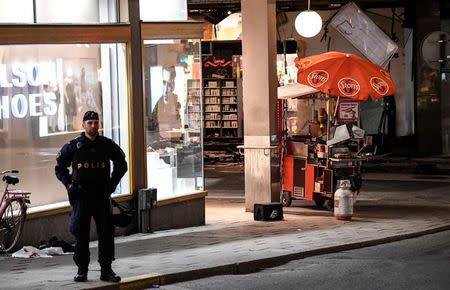 Damage to the department store Ahlens is seen after the beer truck was towed away after a suspected terror attack on the Drottninggatan Street in central Stockholm, Sweden, April 8, 2017. Maja Suslin/TT News Agency/via Reuters