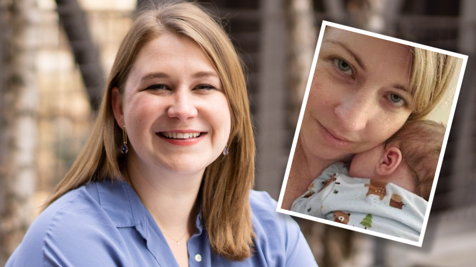 Anna Hall, smiling for the camera, and (inset) Karie Fugett with her daughter Leo asleep on her shoulder.