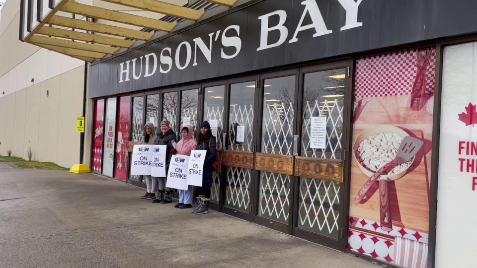 Around 50 workers at the Kamloops, B.C. location of Hudson's Bay have walked off the job Sunday, saying their employer has not come to the table with a good enough wage proposal.