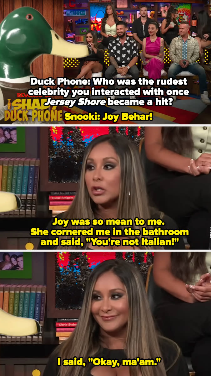 Snooki recounts an encounter with Joy Behar on "Duck Phone." She shares how Behar questioned her Italian heritage while referencing the show "Jersey Shore."