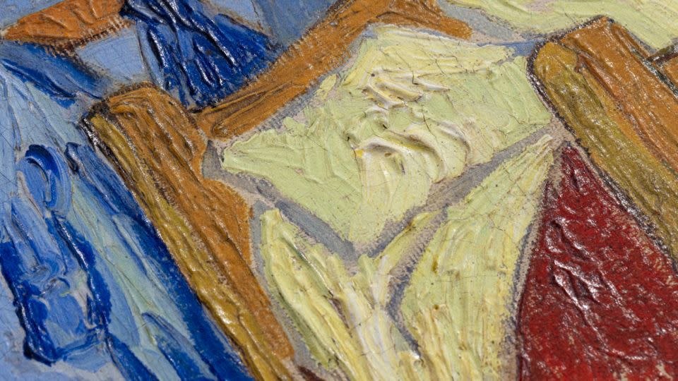 A close-up shot shows the textured surface of Lito Masters' reproduction of Vincent van Gogh's "Bedroom in Arles." - LITO Masters