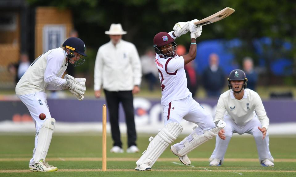 <span>West Indies’ Kavem Hodge cuts off the back foot against the First Class County Select XI at Beckenham, where he scored 112 off 128 balls.</span><span>Photograph: Kyle Andrews/Alamy Live News</span>