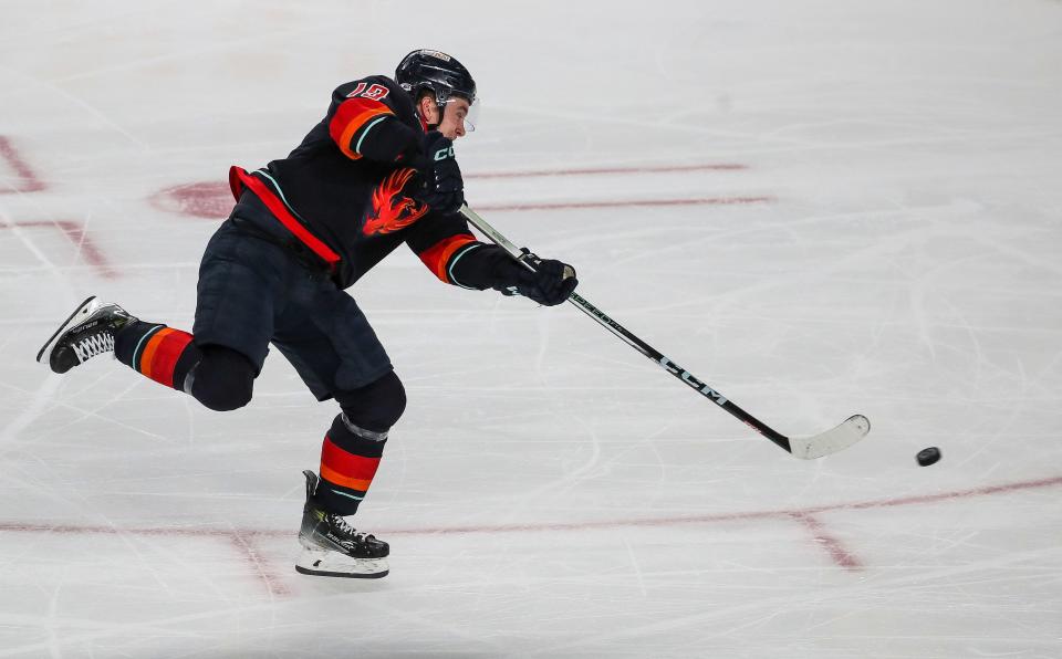 Cameron Hughes scores a breakaway shorthanded goal for the Coachella Valley Firebirds during their game against the San Jose Barracuda at Acrisure Arena in Palm Desert, Calif., Feb. 28, 2024.