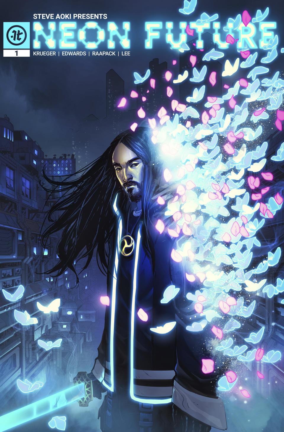 This image provided by Steve Aoki shows a scene from his comic book "Neon Future." The graphic novel is set roughly 30 years from now in a United States that has outlawed advanced technology. A civil war is brewing between people who have integrated technology into their bodies and those who have not. The resistance movement, Neon Future, is led by a longhaired, bearded, Asian-American man named Kita Sovee, an anagram of Steve Aoki. (Steve Aoki via AP)