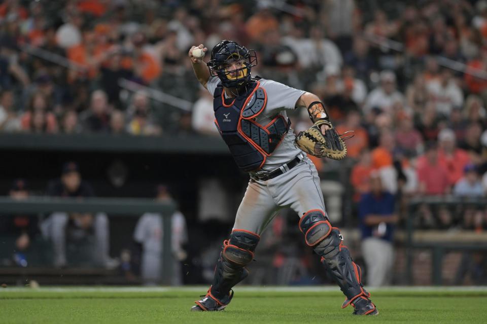 Tigers catcher Jake Rogers throws to first base during the seventh inning of the Tigers' 2-1 loss on Friday, April 21, 2023, in Baltimore.