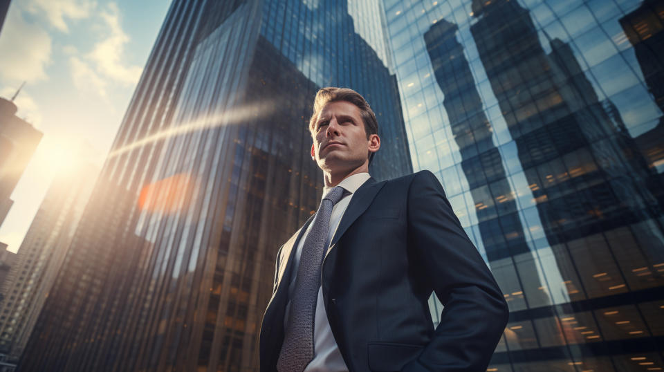 An executive in front of a high rise financial building, showcasing the global reach of the company's capital markets.