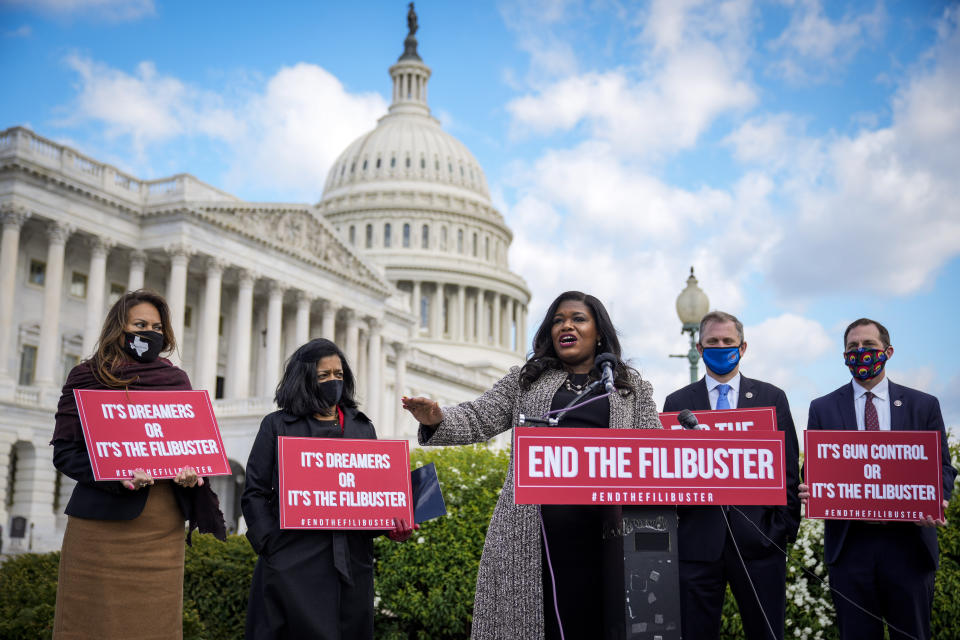 Rep. Cori Bush (D-Mo.) speaks during a news conference to advocate for ending the Senate filibuster, outside the U.S. Capitol on April 22. (Photo: Drew Angerer via Getty Images)