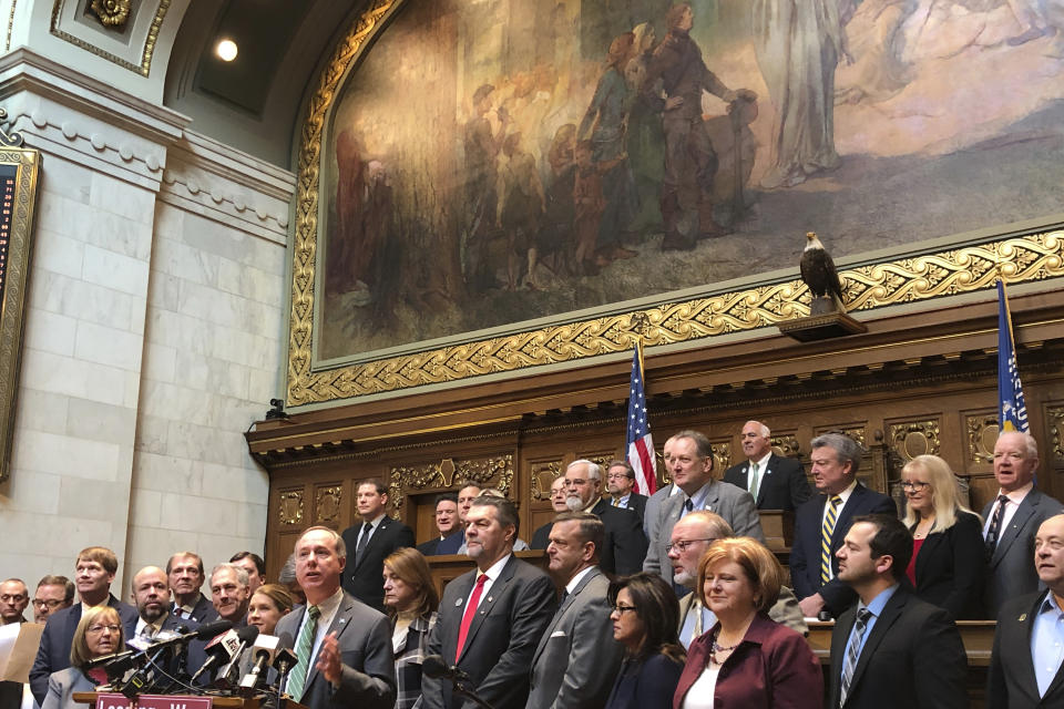 Wisconsin Assembly Republicans gather ahead of their final day in session where they plan to pass a $250 million income tax cut and farm aid package on Thursday, Feb. 20, 2020, in Madison, Wis. (AP Photo/Scott Bauer)
