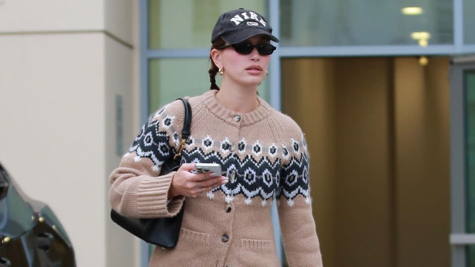 Hailey Bieber sported a Fair Isle-style knit while out in Los Angeles on December 19. - Lese/Backgrid