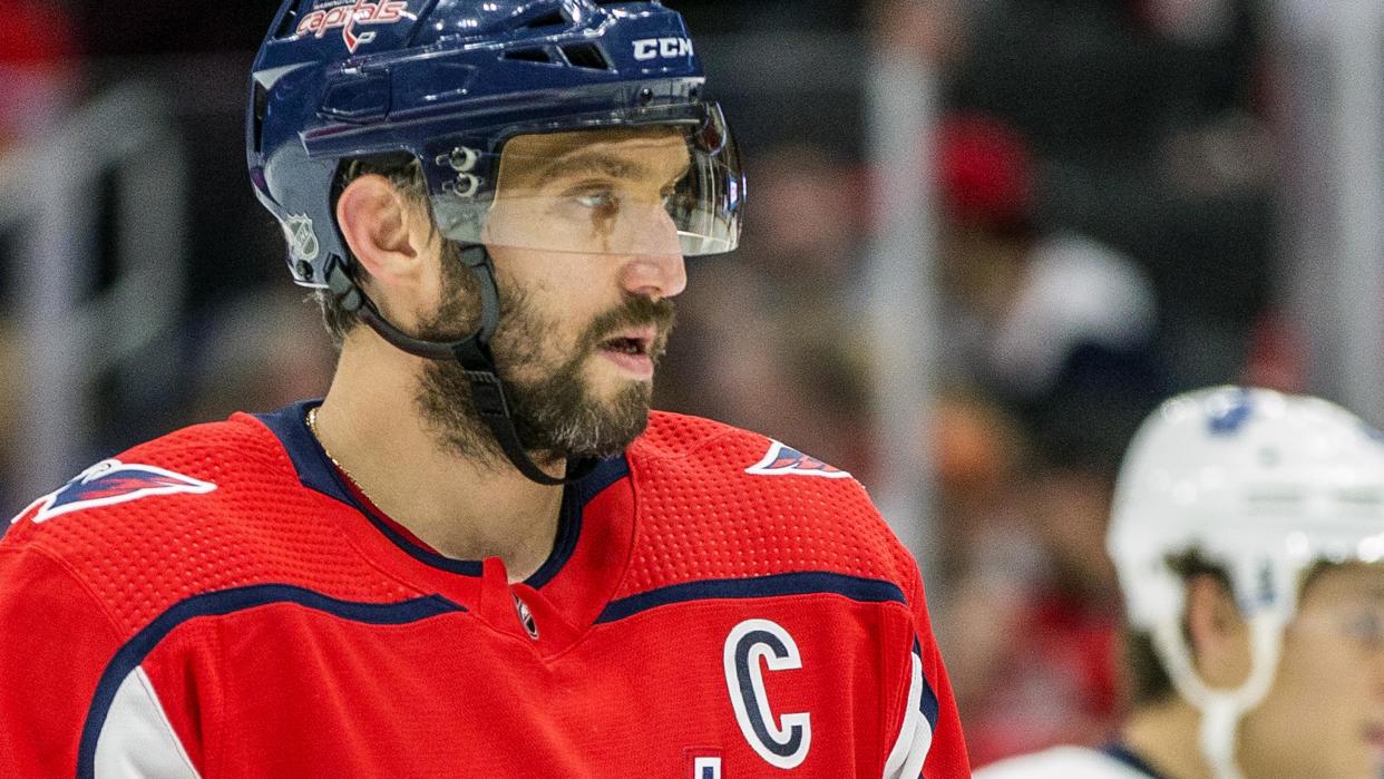 WASHINGTON, DC - OCTOBER 16:  Washington Capitals left wing Alex Ovechkin (8) ready for a face-off during a NHL game between the Washington Capitals and the Toronto Maple Leafs on October 16, 2019, at Capital One Arena, in Washington D.C.(Photo by Tony Quinn/Icon Sportswire via Getty Images)