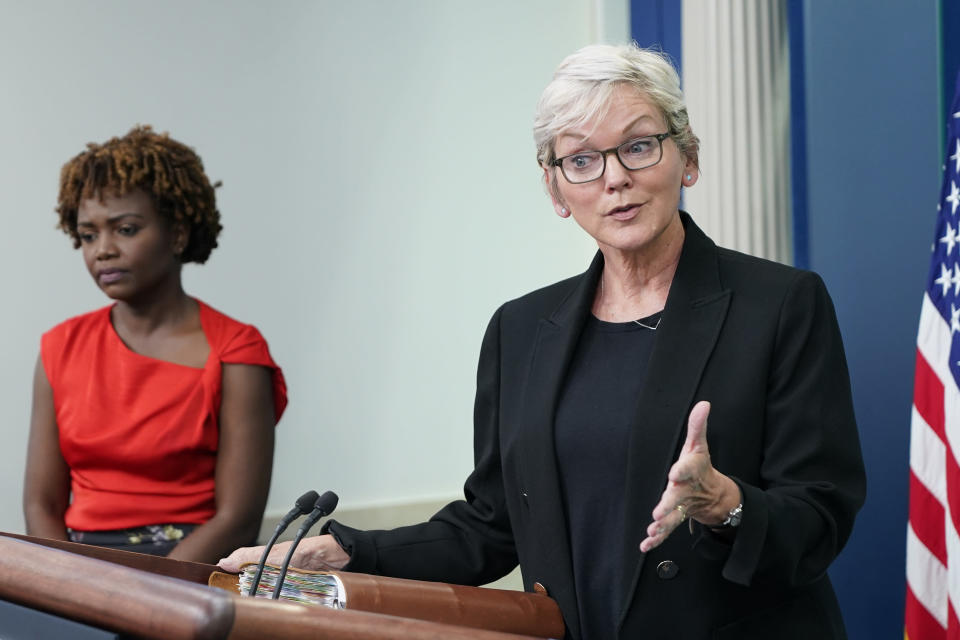 Energy Secretary Jennifer Granholm speaks during the daily briefing at the White House in Washington, Wednesday, June 22, 2022, as White House press secretary Karine Jean-Pierre listens at right. (AP Photo/Susan Walsh)