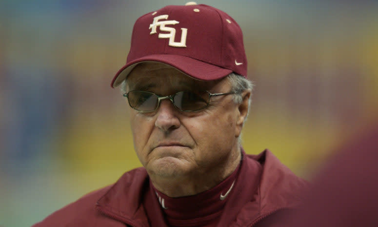 A closeup of Bobby Bowden wearing a FSU hat.