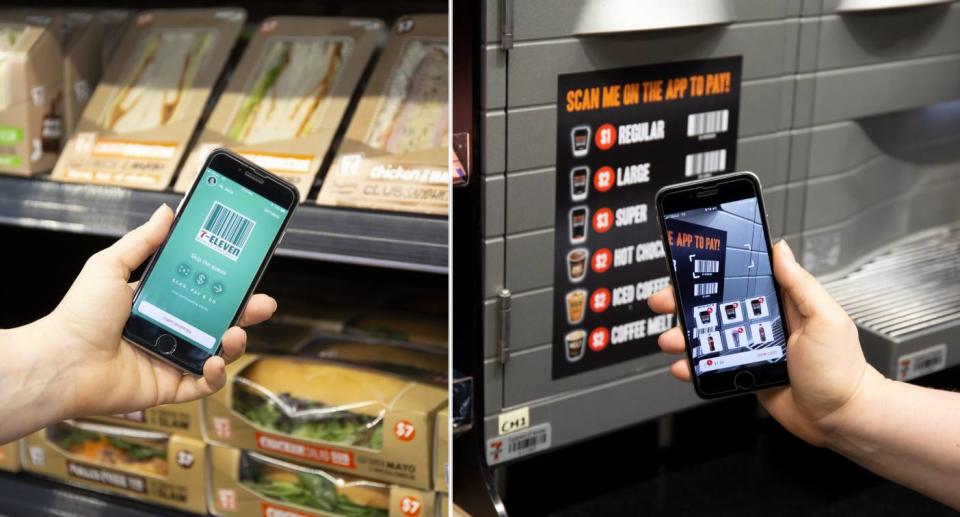 Smart phones scanning items at a 7-Eleven store
